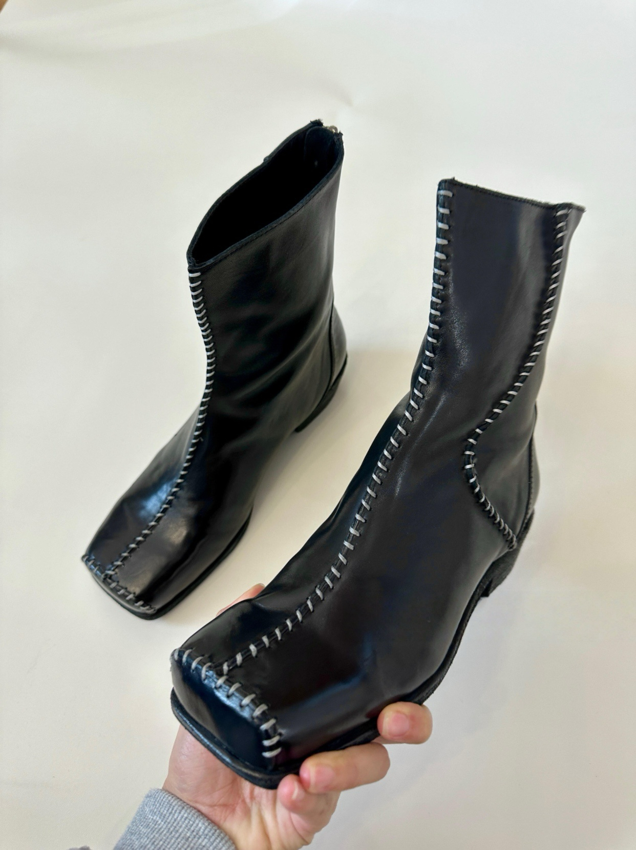 Street Fashion Look - Women's Black Leather Ankle Boots Contrast