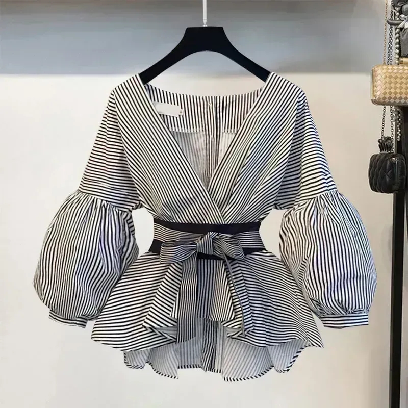 Women Elegant V-Neck Stripe La - Street Fashion Korean avaliação e preço